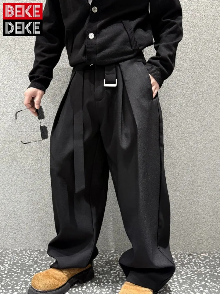 Leisure Fashion Male Button Natural Waist Pants Men Comfortable Belt Pant Top Quality Solid Color Mens Wide Leg Trousers 261017