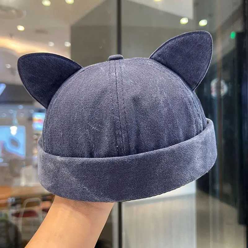 Beanie/Skull Caps Cute Cat Ears Docker Cap Brimless Hat Personality Denim Solid Color Landlord Hat Retro Washed Hip Hop Skullcap Unisex Beanie CapT2