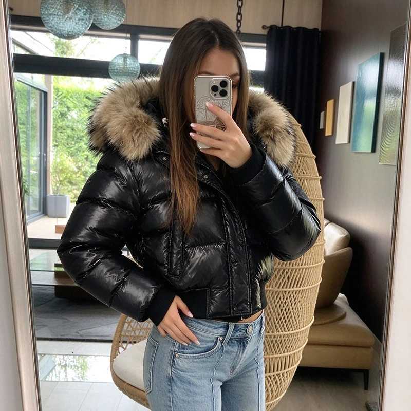 Women's Down Parkas Women Cropped Puffer Jacket Long Sleeve Zipper Snap Button Faux Fur Hooded Padded Shiny Black Coat Winter High Street Outer