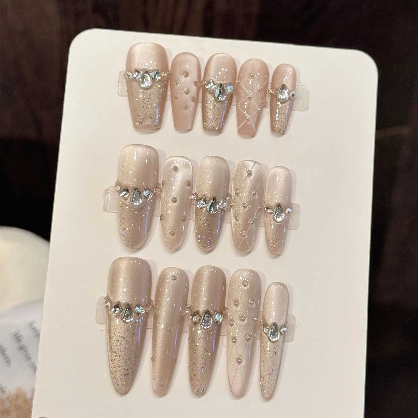 False Nails Crystal Cat's Eye Glitter False Nails 10pcs Handmade Press On Nails With Rhinestones Nude Shimmer Reusable Fake Nails For Women Q26