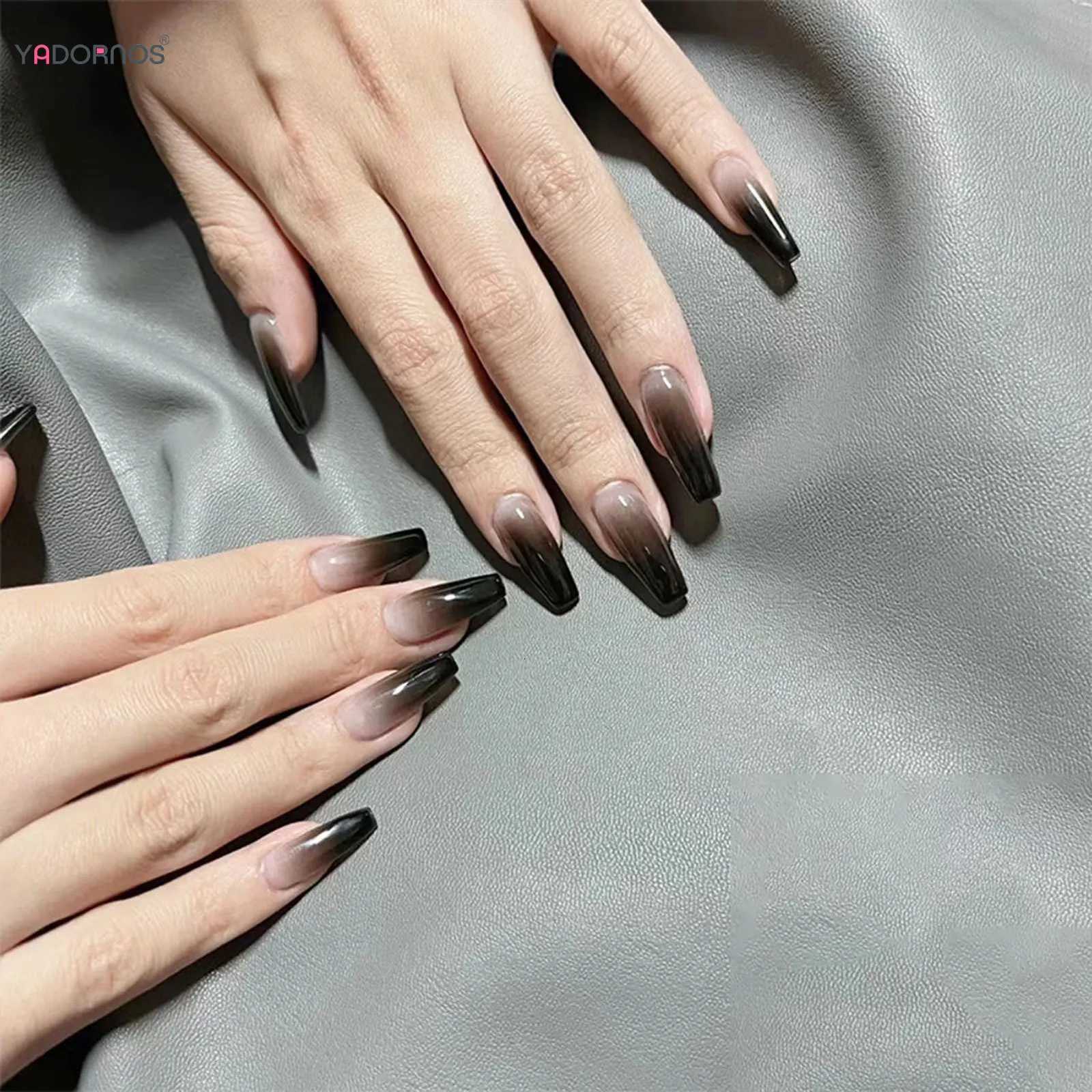 False Nails Gradient Black Fake Nails Long Ballerina Nails Press on Simple Full Cover False Nails Tips for Women Girls DIY Manicure 24Pcs Q261017