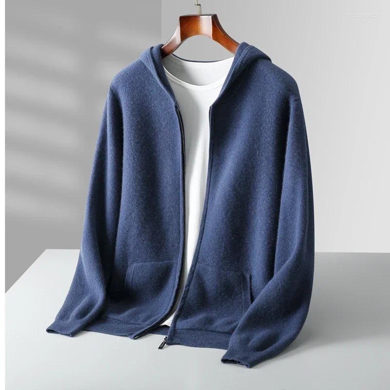Men's Korean Casual Clothes Merino Wool Hoodie Sweater Spring Autumn Thick Zipper Cardigan Knitwear Cashmere Warm Coat Tops