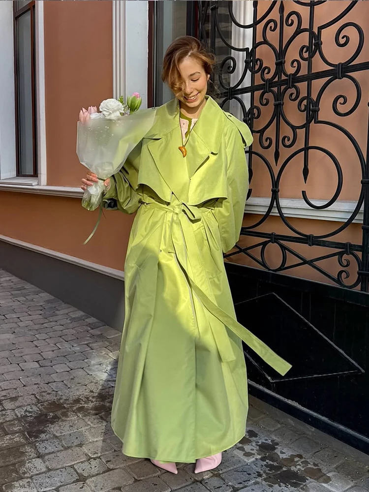 Fashion Green Lapel Loose Coat Chic Women Lace-up Detail Long Sleeve Jacket Casual Lady Commuting Street Windbreakers 2026 261015