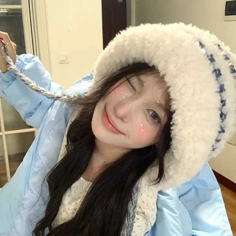 Trapper Hats Korean New Autumn and Winter Colored Tassel Plush Knitted Hat for Women Fashionable and Versatile Warm and Ear Protection HatT261017