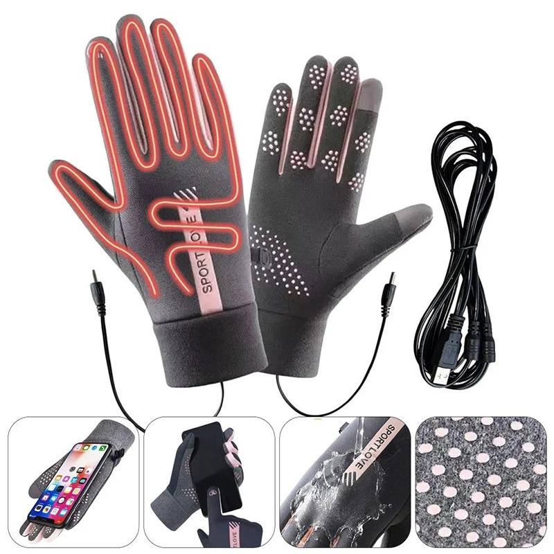 USB Rechargeable Heated Gloves Adjustable Temperature Anti Slip Touch Screen Thickened Warm for Skiing Cycling Winter Outdoor 261017