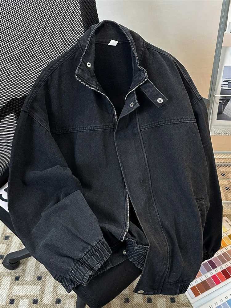 Retro Washed Denim Jacket Men's Zipper Loose Versatile Jacket Youth Trend Autumn Winter Long Sve Stand Collar Casual Outer... S261017U27A