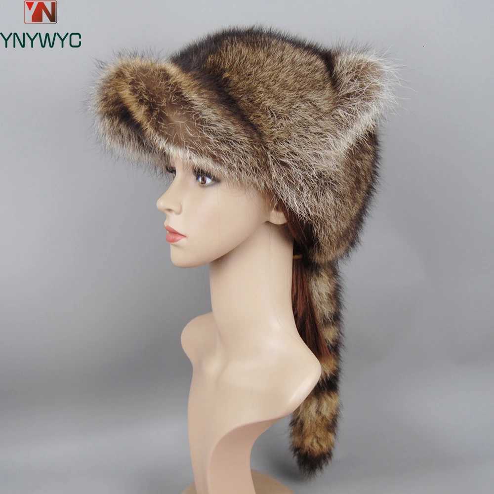 Beanie/Skull Caps 2026 Hot Sale Lady Natural Raccoon Fur Hat Brim Baseball Cap Raccoon Fur Tail Brand Women Winter Elegant Stylish Thick Warm Caps Q