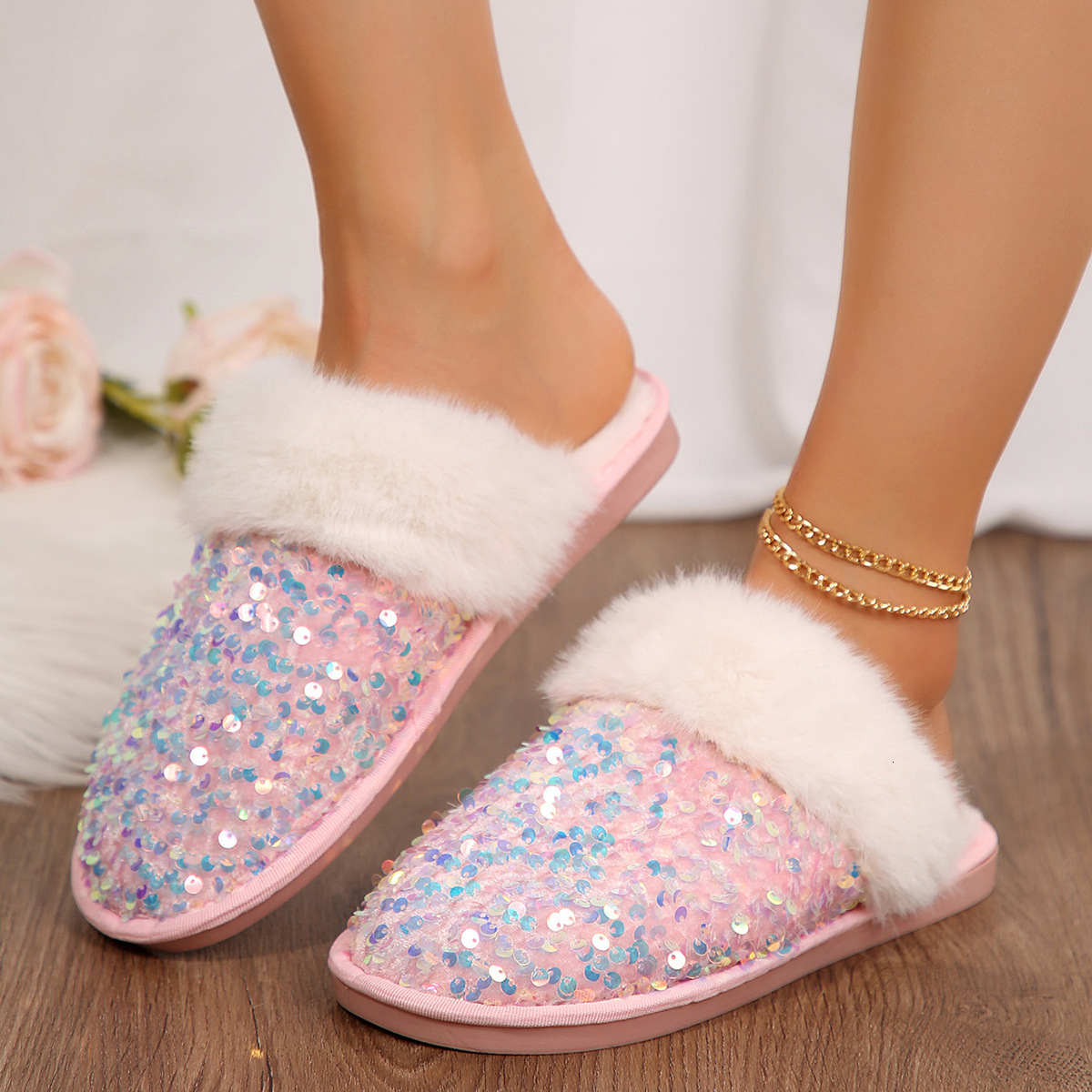 Ready-to-ship, sequined cotton women, flat-soled, plush indoor slippers for home use ddmykukumalu
