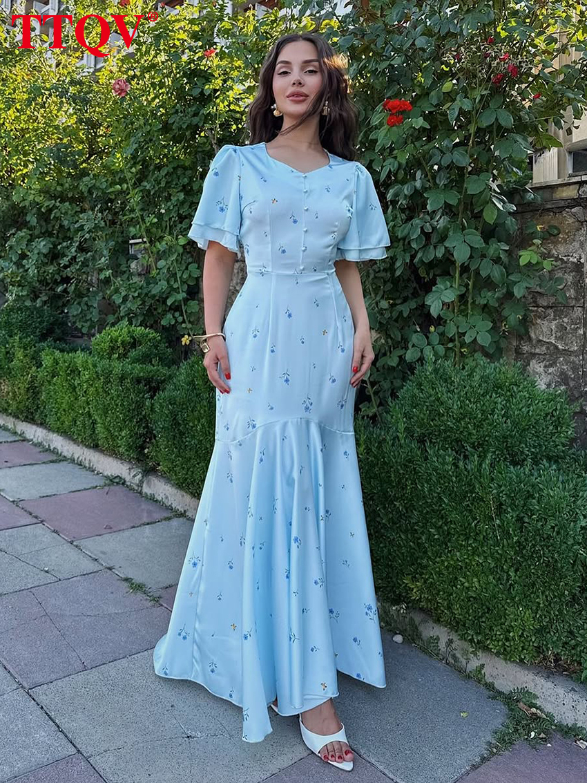 Summer Loose Print Women's 2026 Fashion O-Neck Short Sleeve Maxi Dresses Elegant High Waist Pleated Female Dress