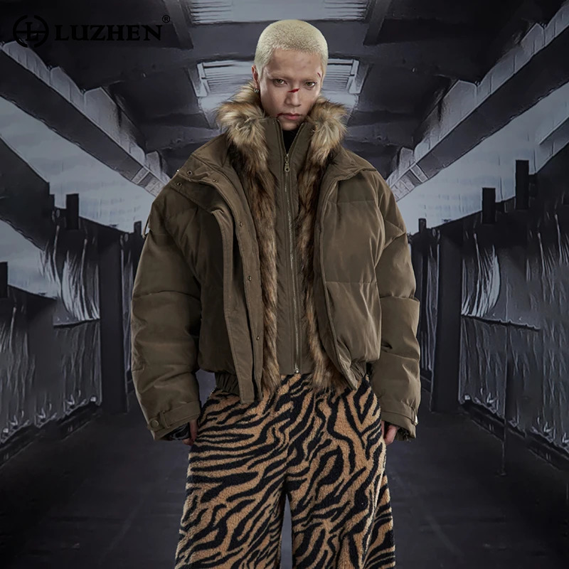 LUZHEN Winter Fashion Double Layer Fake Two Piece Design Padded Coat Men's Original Faux Fur Patchwork Parka Jacket
