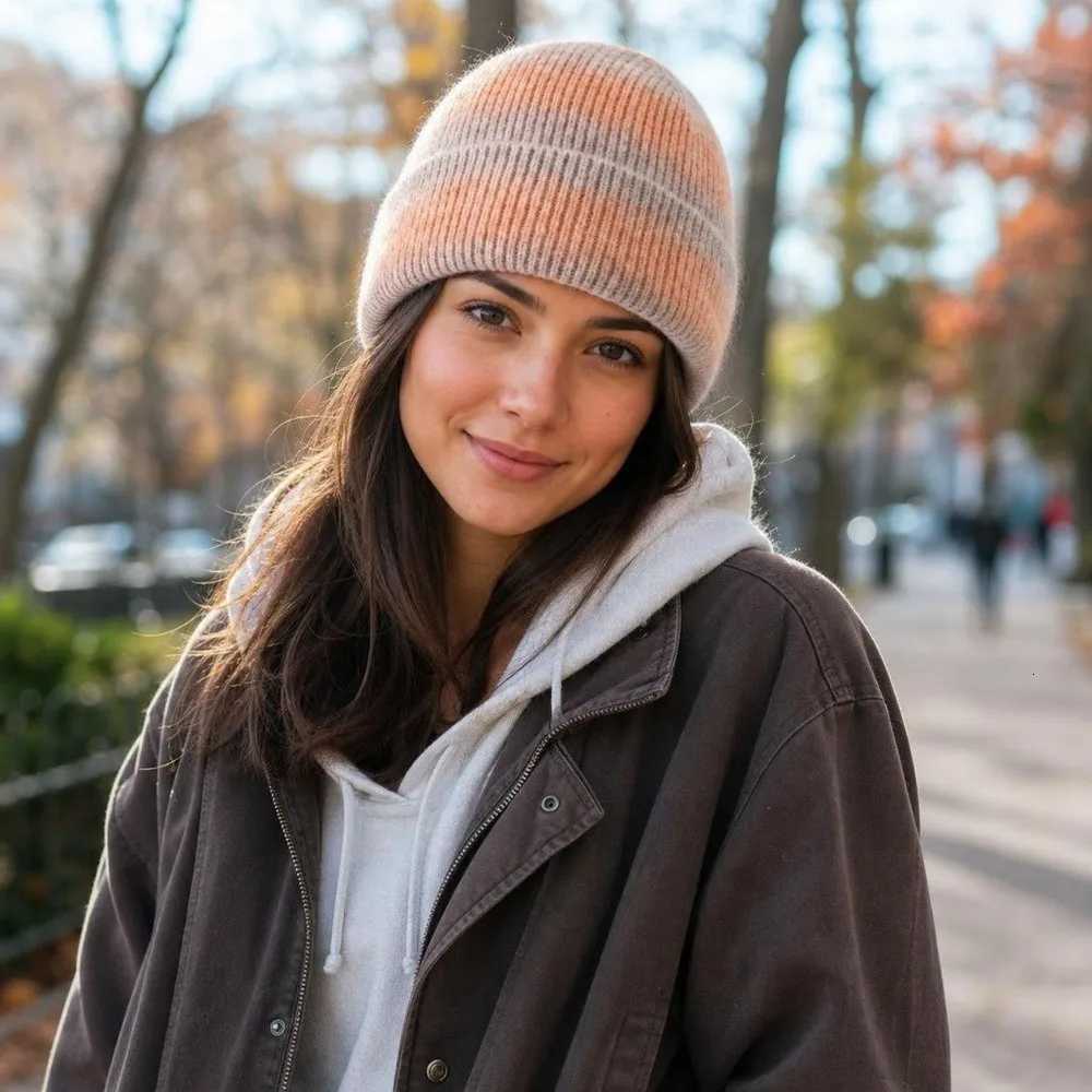 Beanie/Skull Caps Fashion Gradient Color Knitted Beanie Hat Windproof Thickened Warm Winter Cap Cold Proof Pullover Hat Autumn Winter Q261017