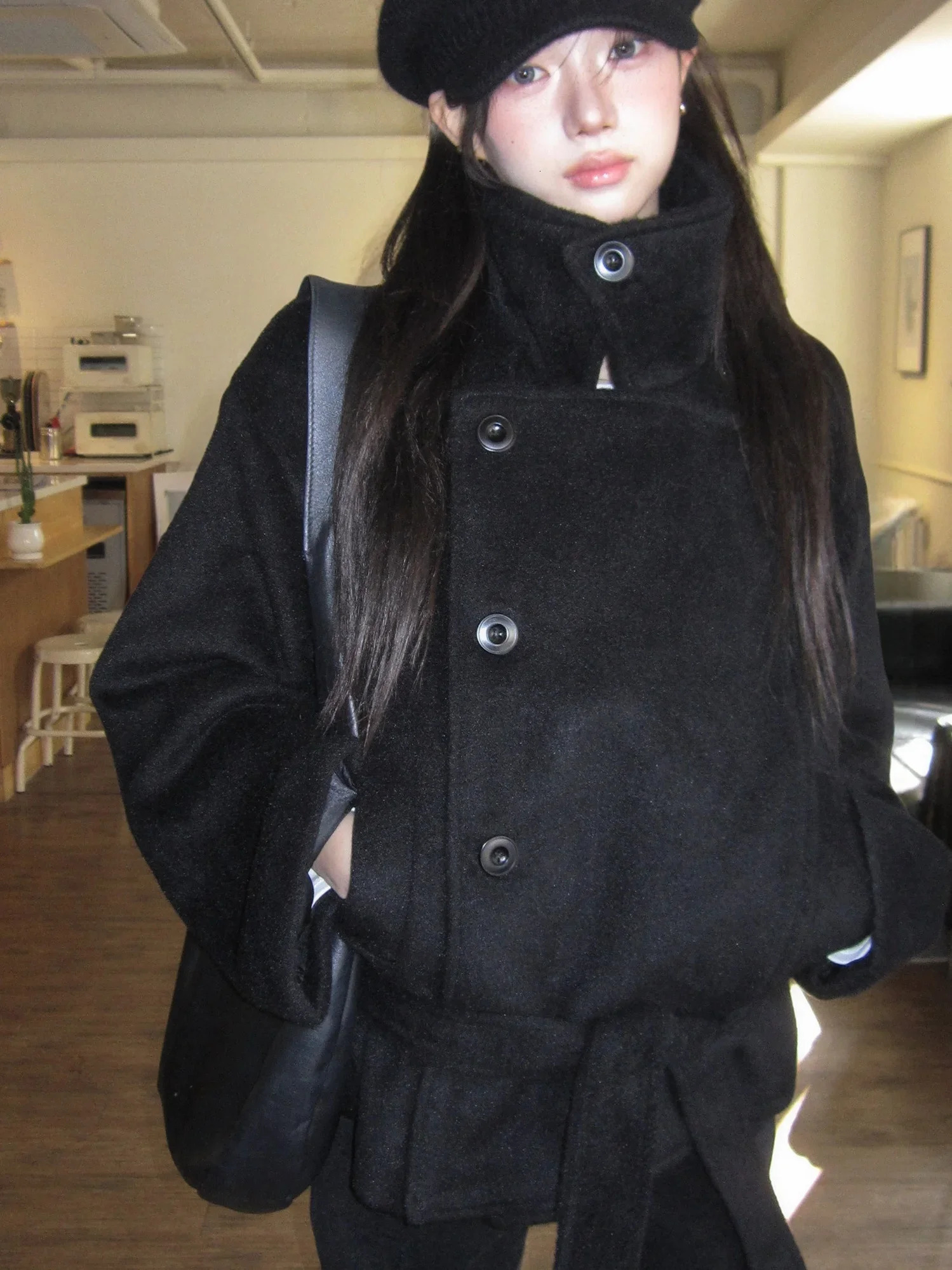 Unique Long Sleeves Woolen Coat Women's Retro Japanese Sle Stand Collar Belted Jacket Long Loose Commute Pure Color Coat 261016