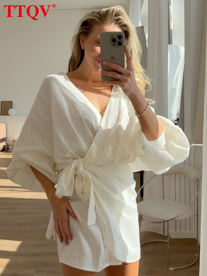 Fashion Loose White Cotton Women's 2026 Sexy V-Neck Long Sleeve Mini Dresses Elegant Classic Lace-Up Female Dress