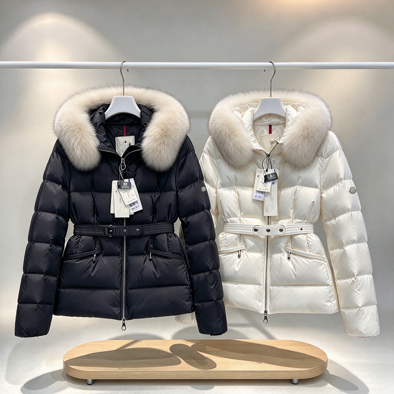 Designers Women Monclaircoat Winter Down Jacket Large Raccoon Fur Collar Hooded Belt Waist Slim Fit Puffer Coat Ladies Warm Outdoor Black Parka Asia