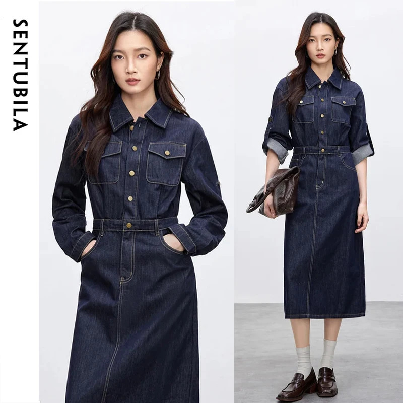 SENTUBILA Denim Dresses for Women 2026 Autumn Turn Down Collar Button Pockets Dress Casual Long Sleeve Midi W51L58809 261015
