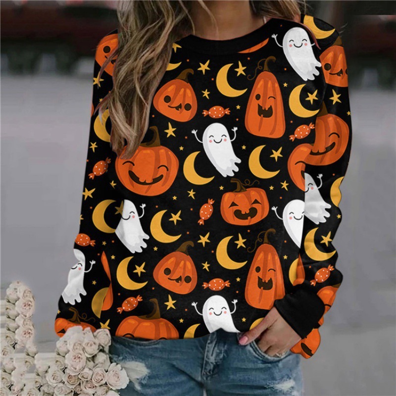 2026 New Women's Cartoon 3D Printed Halloween Pumpkin, Castle, And Bat Dark-Themed Round-Neck Sweatshirt Free Shipping