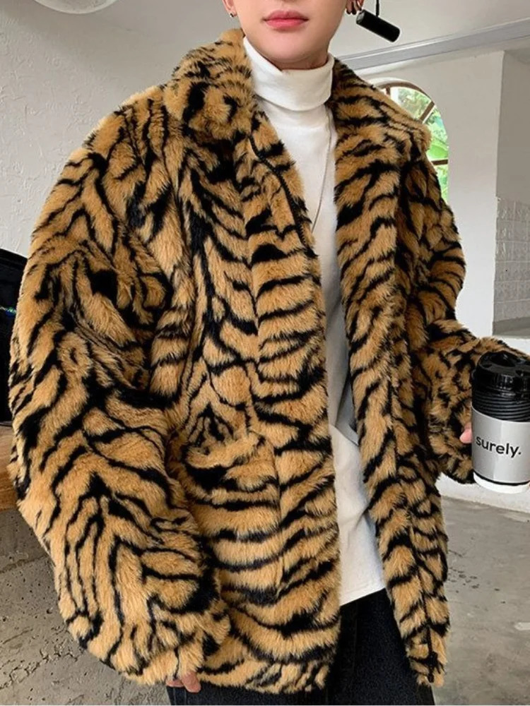 2026 Men's Tiger Leopard Print Faux Fur Coat Waterproof Winter Warm Thick Streetwear Jacket Ski Snowcoat Overcoat Outerwear 261013