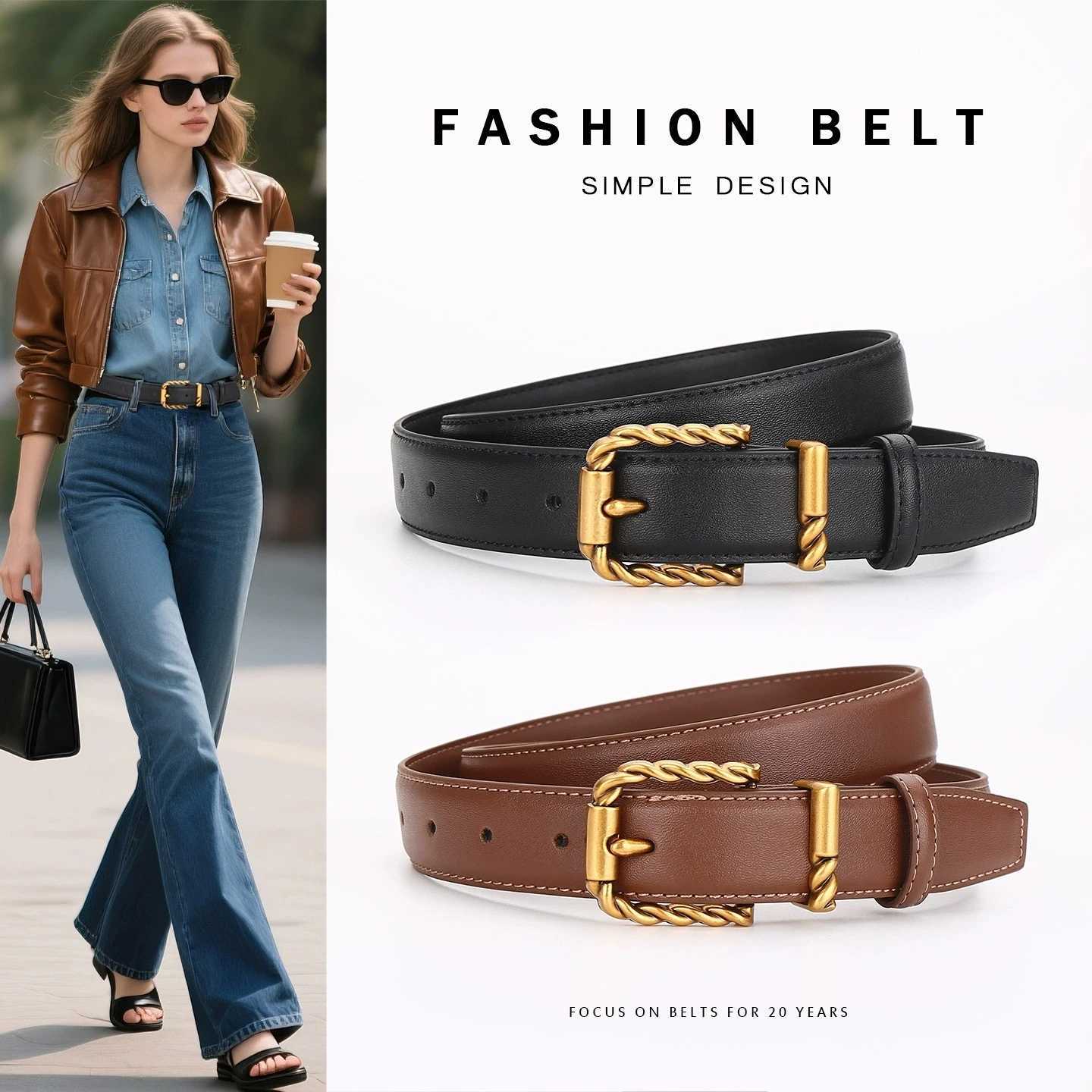 Women's Premium Leather Belt with Pin Buckle Fashionable Versatile Black Decorative Trouser Belt for Business Commuting S261017R3YM