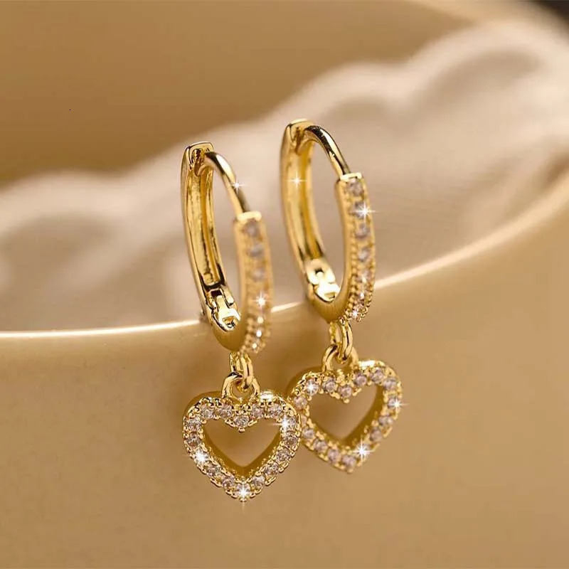 Crystal Zircon Heart Pendant Earrings For Women Fashion Gold Color Hollow Circle Geometric Ear Buckle Wedding Jewelry261016