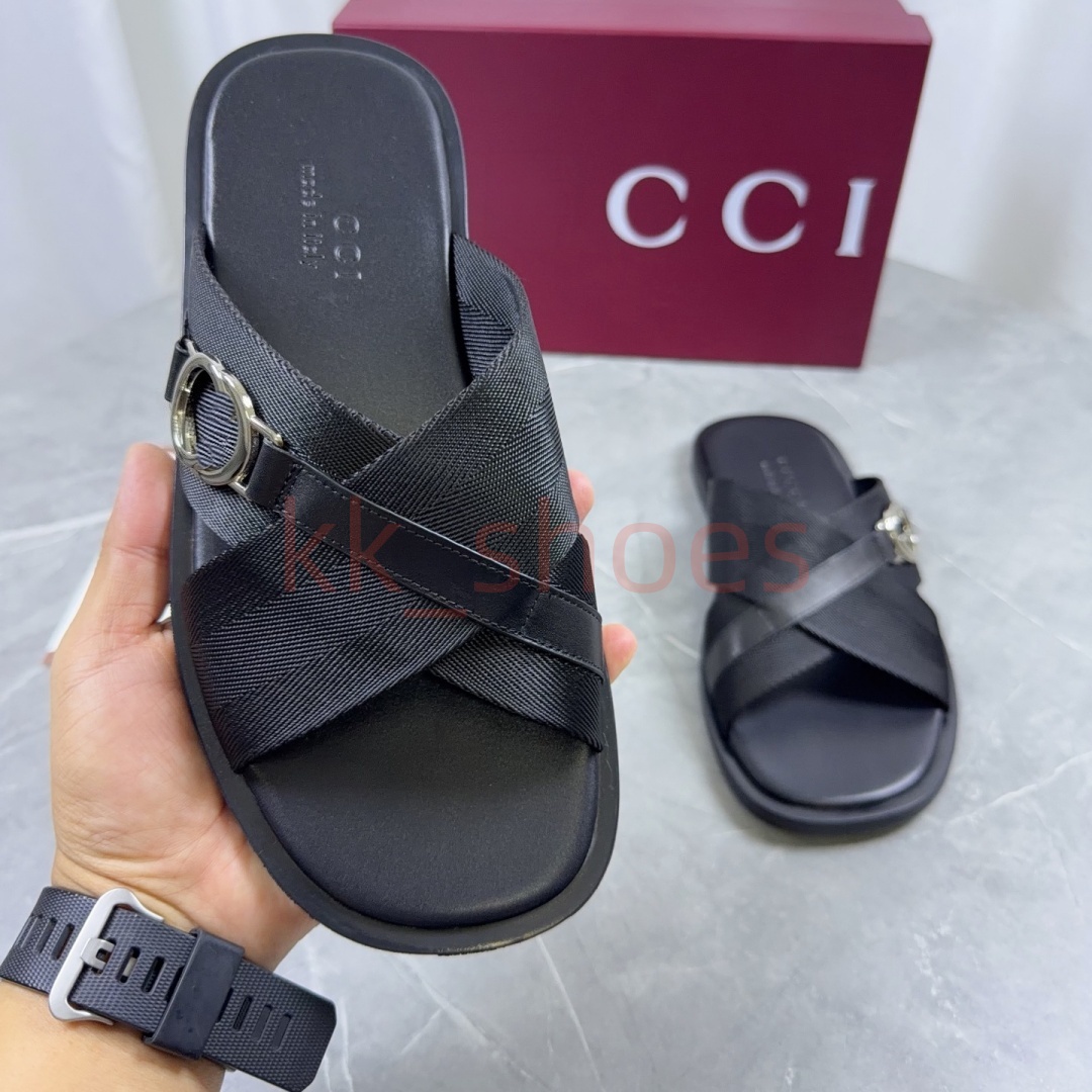 Designer Slides For Men Luxury Sandals Genuine Leather Metal Buckle Cross Strap Slippers Web Striped Rubber Sole Flat Beach Slipper Size 38-46