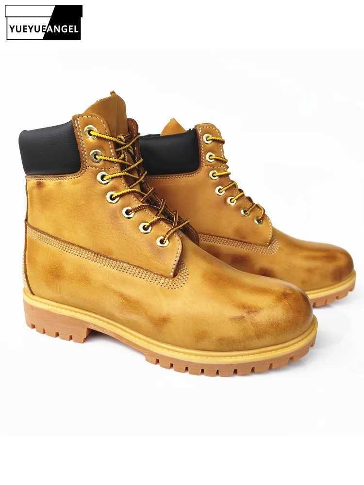 Men Handmade Vintage Cowskin Genuine Leather Ankle Boots Lace Up Spring Autumn Cargo High Top Shoes Mens Motorcycle Short Boots Q261015