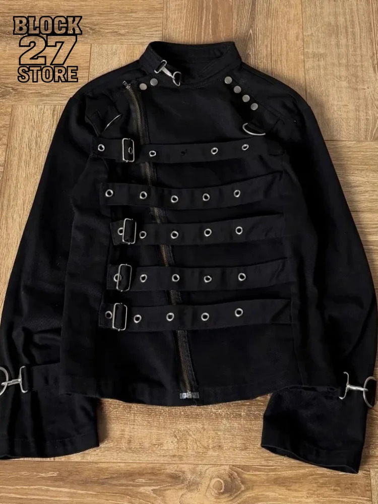 Mens Jacket Dark Streetwear Strap Cargo Coat Harajuku Unisex Cropped Fit Metal Buckle Stand Collar Fashion Trend Arrival Coat 261016