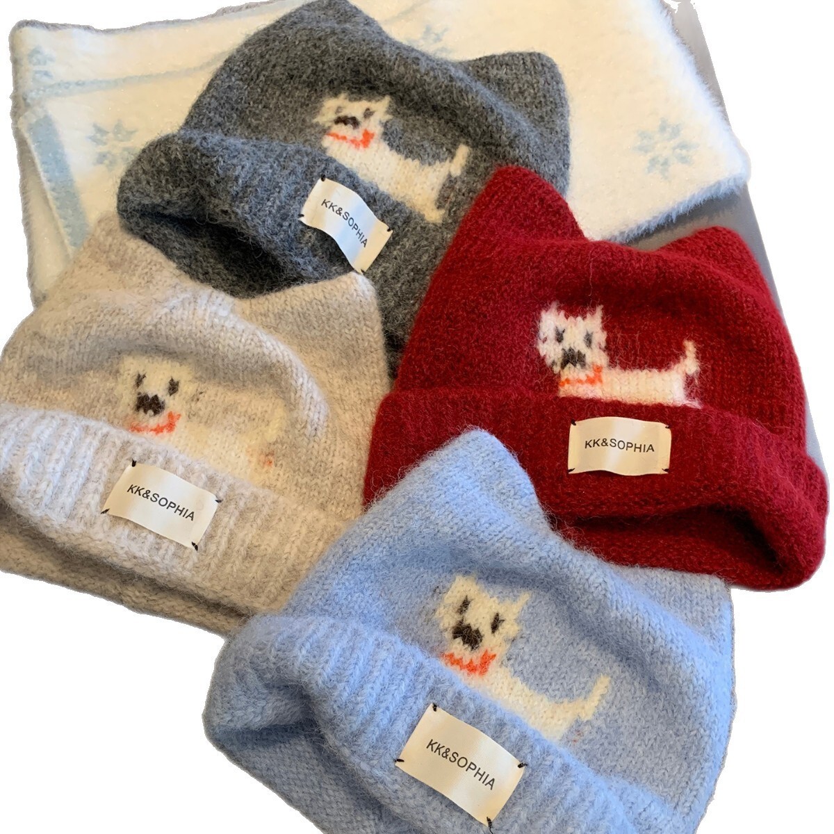 Cute cat-ear puppy knitted women, warm blue beanie autumn and winter, large size, ear-covering hat for cold weather