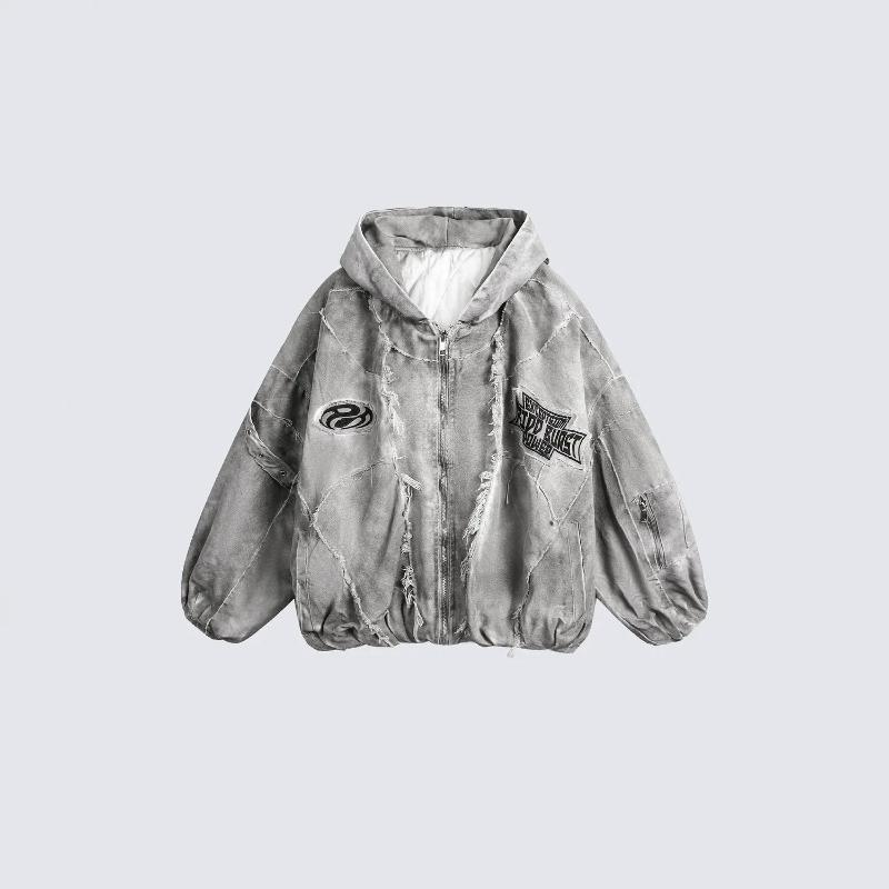 Designer High Quality Oversized Wasteland Mottled Distressed Vintage Workwear Jacket Unisex Winter Padded Hooded Cotton Coat Loose Casual Streetw