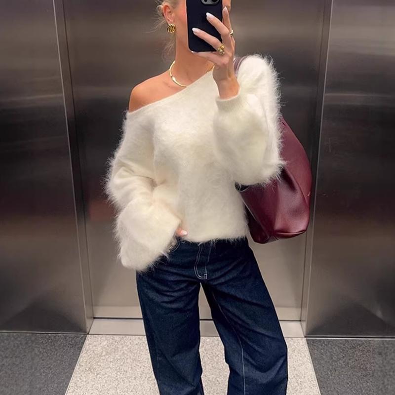 Designer Women's Mohair Solid Color One-Shoulder Asymmetric Collar Long Sleeve Pullover Sweater, Cropped Knit Top for Workplace