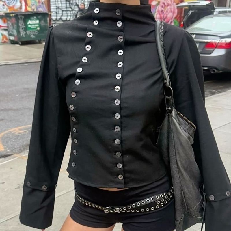 Goth Aesthetic Y2K Vintage Women's Long Sleeve Shirt Sexy Slim Fit Chic Button-Down Solid Color Crop Tops Grunge Punk Streetwear 261015