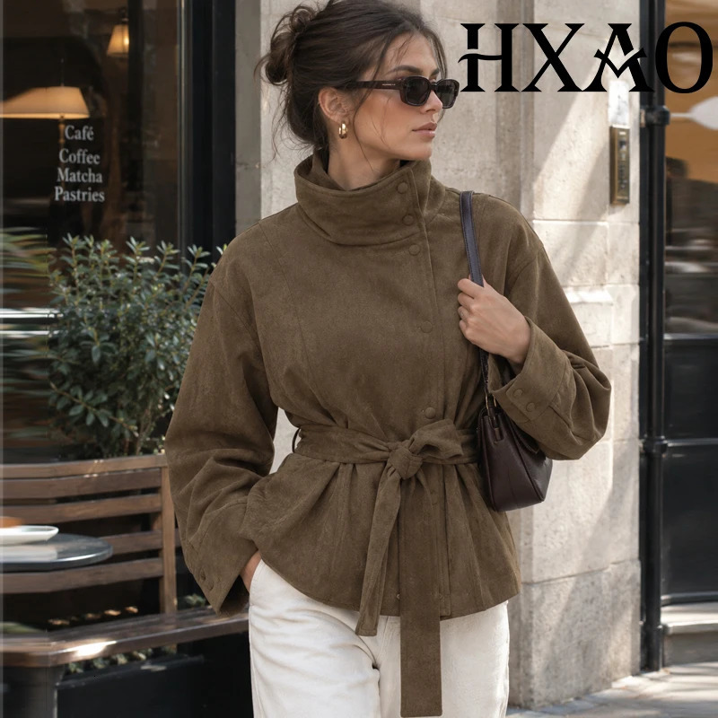 HXAO Belted Cropped Jacket Autumn Women Faux Suede Jacket Trench Coat Elegant Button Long Sleeve Top Chic Brown Short Outerwear 261016