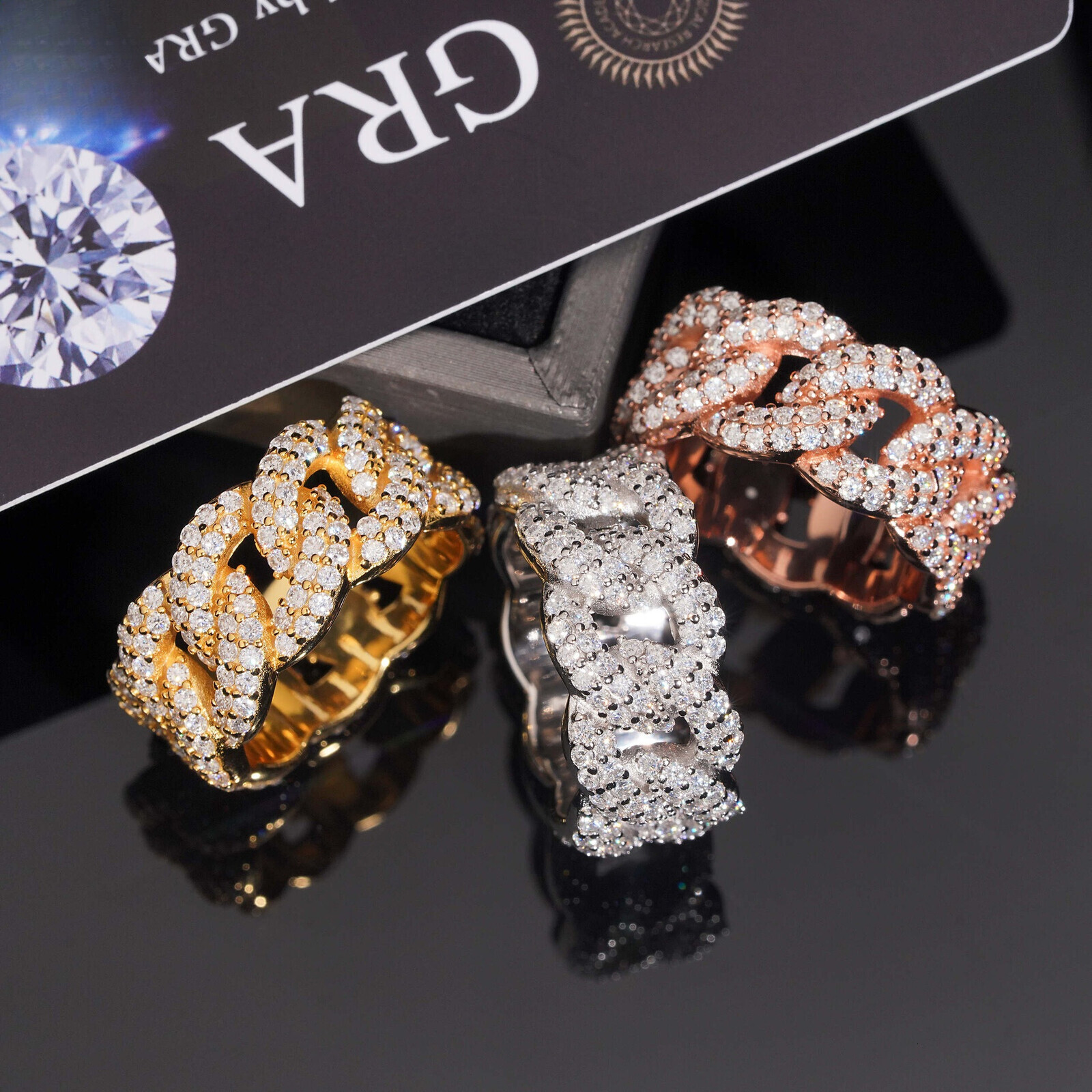 luxury S925 silver full diamond moissanite 11mm crescent moon two-row stone hip-hop Ice Out ring