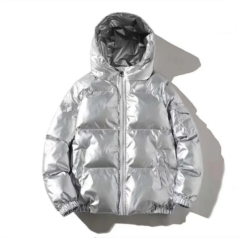 Streetwear Fashion Bright Silver Puffer Jackets for Men Thicken Winter Mens Coats Casual Hooded Wadded Heated Jacket Men 261016
