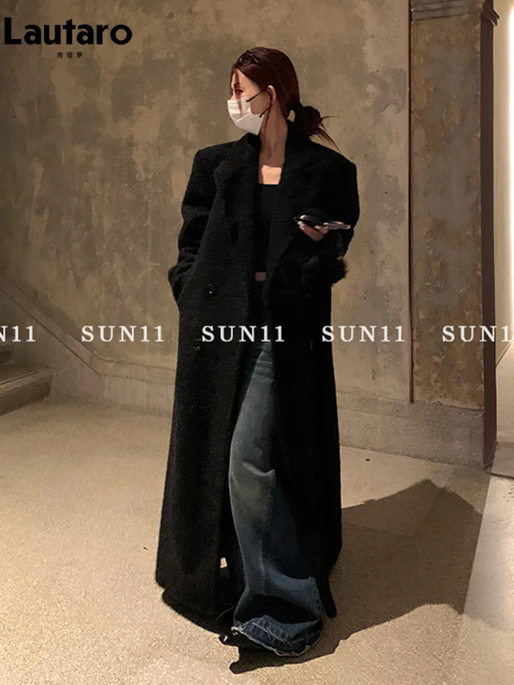 Lautaro Autumn Winter Extra Long Black Thickened Warm Wool Blends Coat for Women Double Breasted Fashion in Outerwears 261016