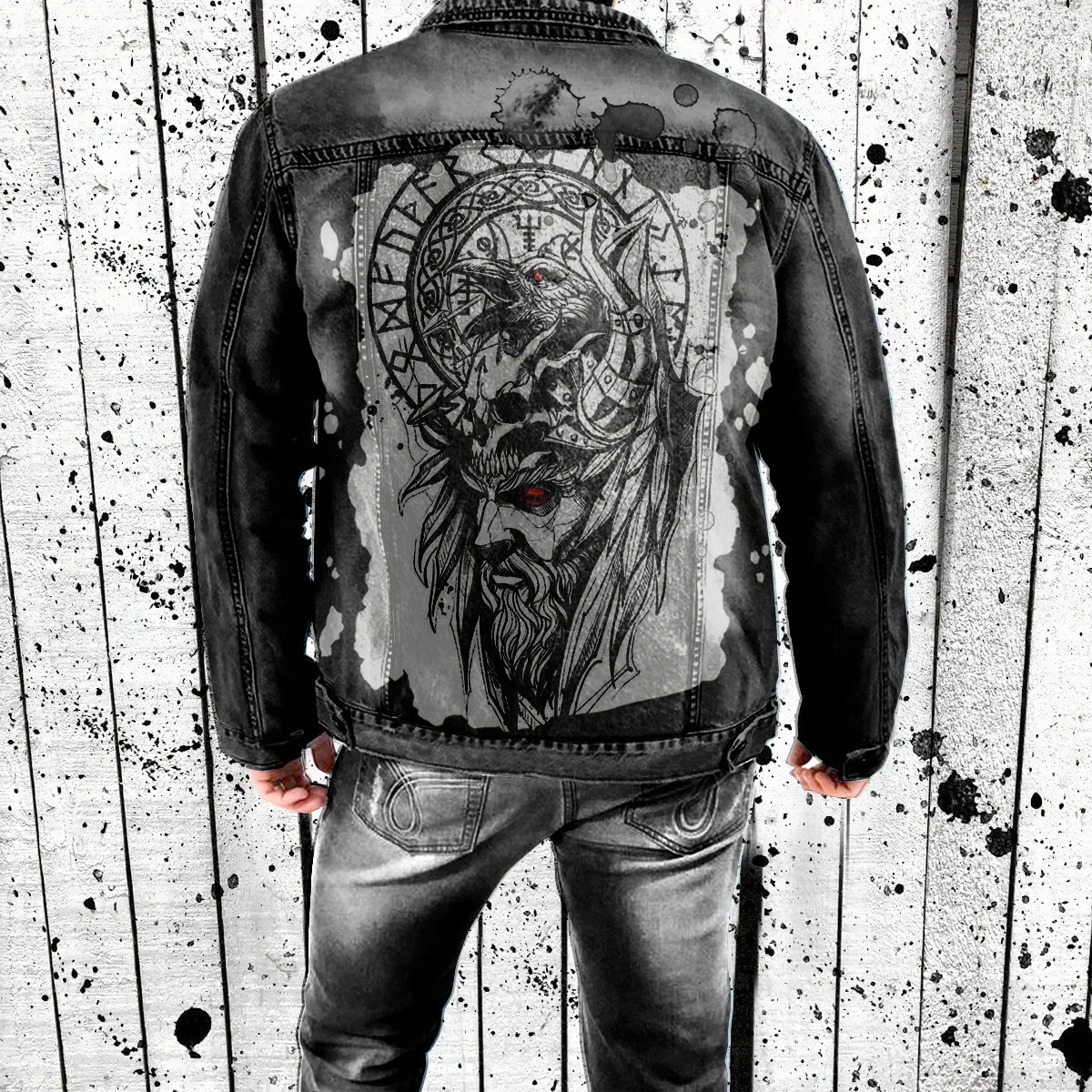 Autumn And Winter Mens Wear Old Denim Jacket Viking Retro Elements Street Personality Printed 261016
