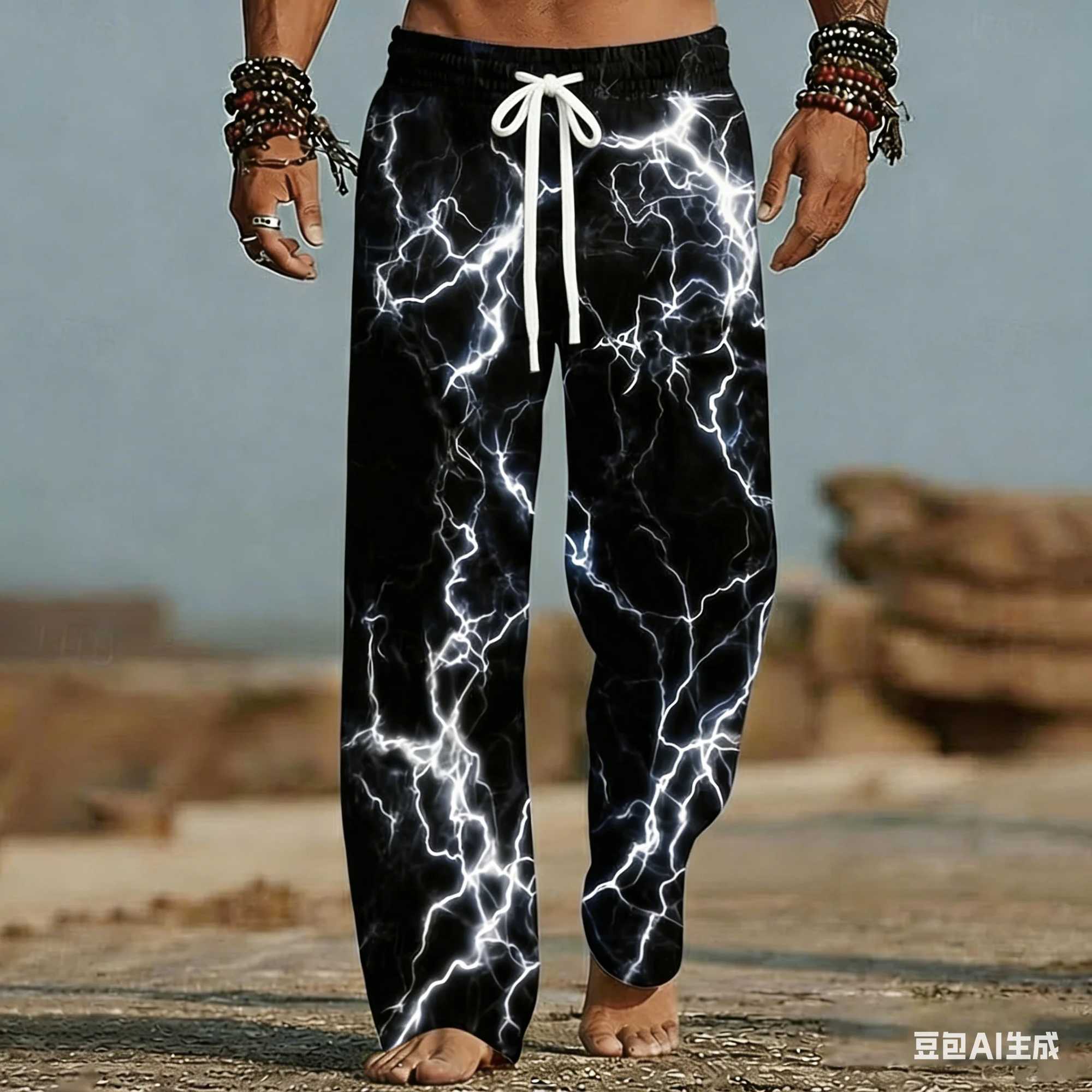 Men's and Women's Beach Pants with Lightning Patterns 3D Printed Wide Leg Elastic Casual Summer Vacation Loose Breathable Pants S261016LSN