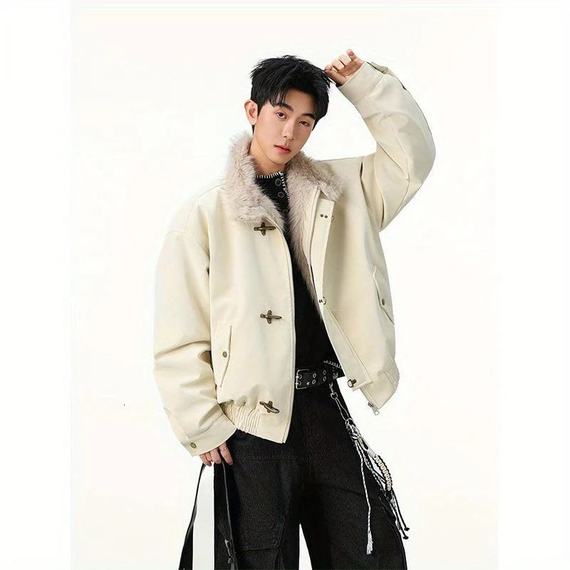 Mens Jacket Harajuku Winter Heavyweight American Buckle Eagle Cotton Coat Thick Fur Collar Faux Leather Streetwear 261008