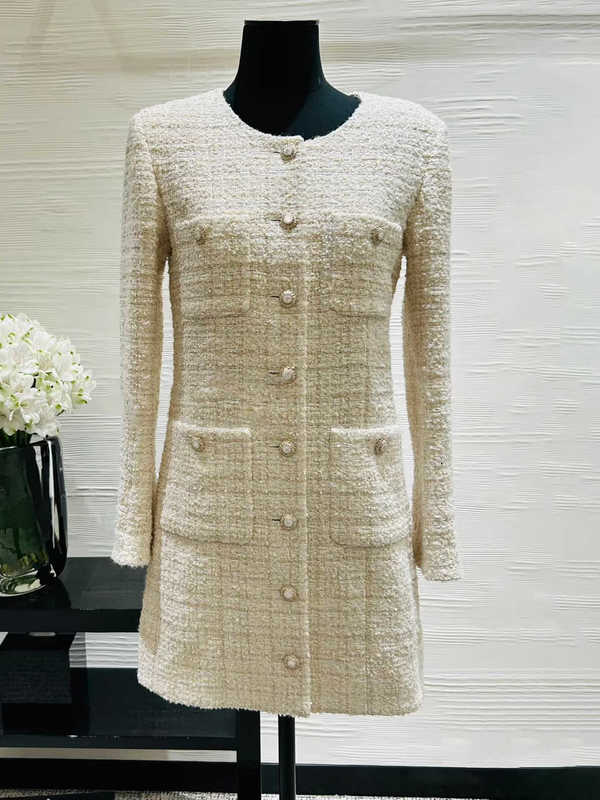 Basic & Casual Dresses Designer Women's tweed wool coat featuring round neckline, luxurious and elegant design, and slimming effect