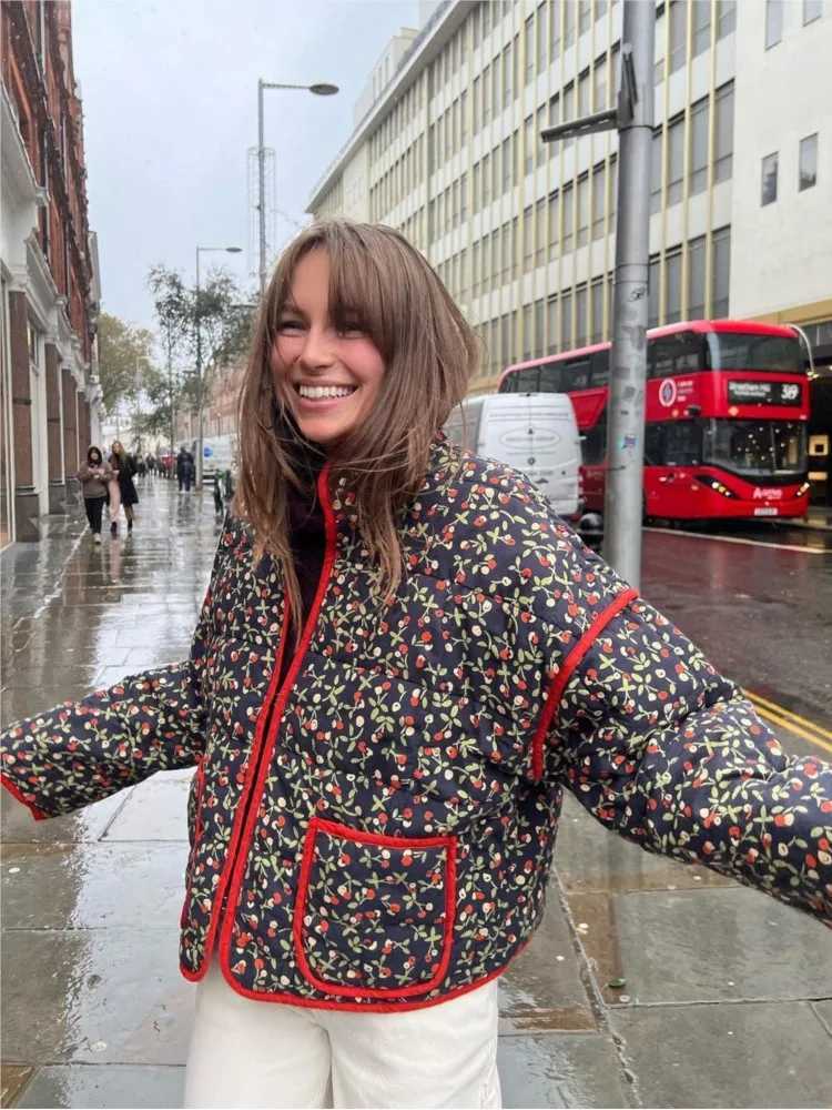 Women's Down Parkas Vintage Floral Cotton Padded Jacket Trendy Pocket Splic Stand Neck Casual Winter Coats For Women 2024 New In Coats JacketsT