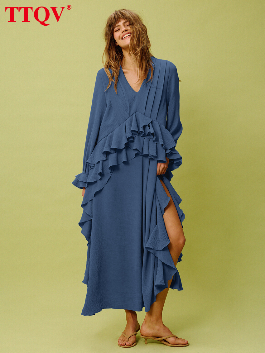 2026 Fashion Loose Blue Women's 2027 Casual V-Neck Long Sleeve Ankle Length Dresses Elegant Classic Ruffles Female Dress