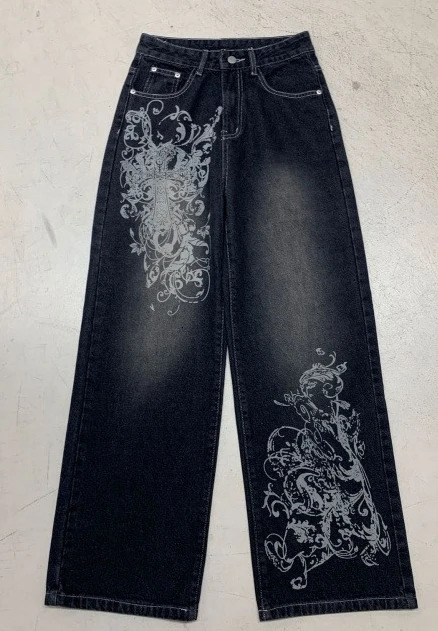 American retro jeans BF style personalized Y2K printed hip-hop low-waist girl fashion casual loose trousers wide-leg pants 261015