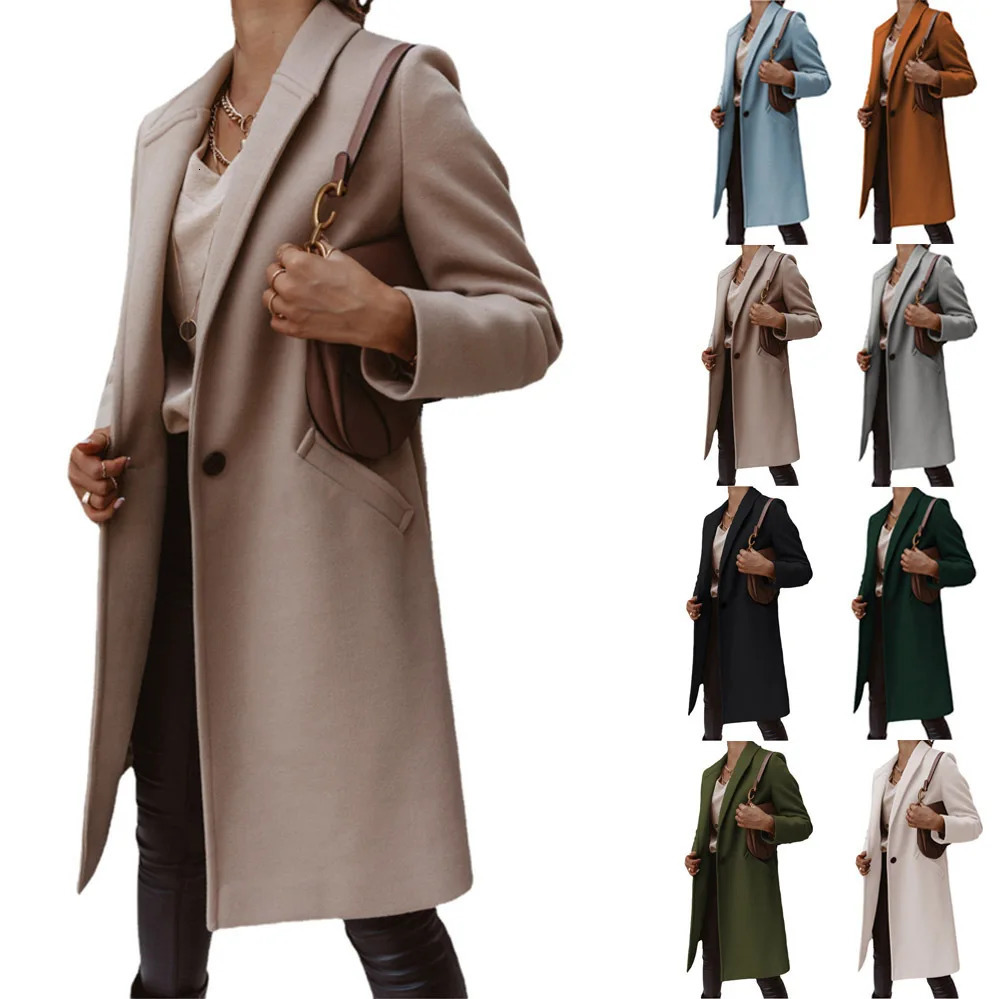 Autumn and Winter Solid Color Lapel Mid-Length Button Woolen Coat for Women 261016