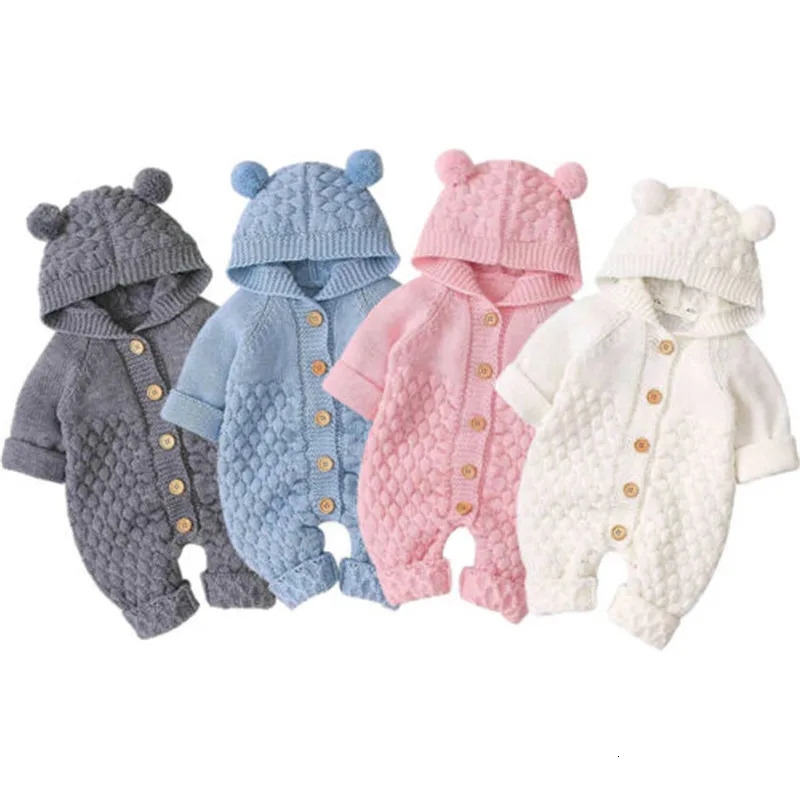 0-24months born Winter Hooded Romper Long Sleeve Knitted Solid Color Jumpsuit For Infant Boys And Girls Knitted Long Playsuit 261015