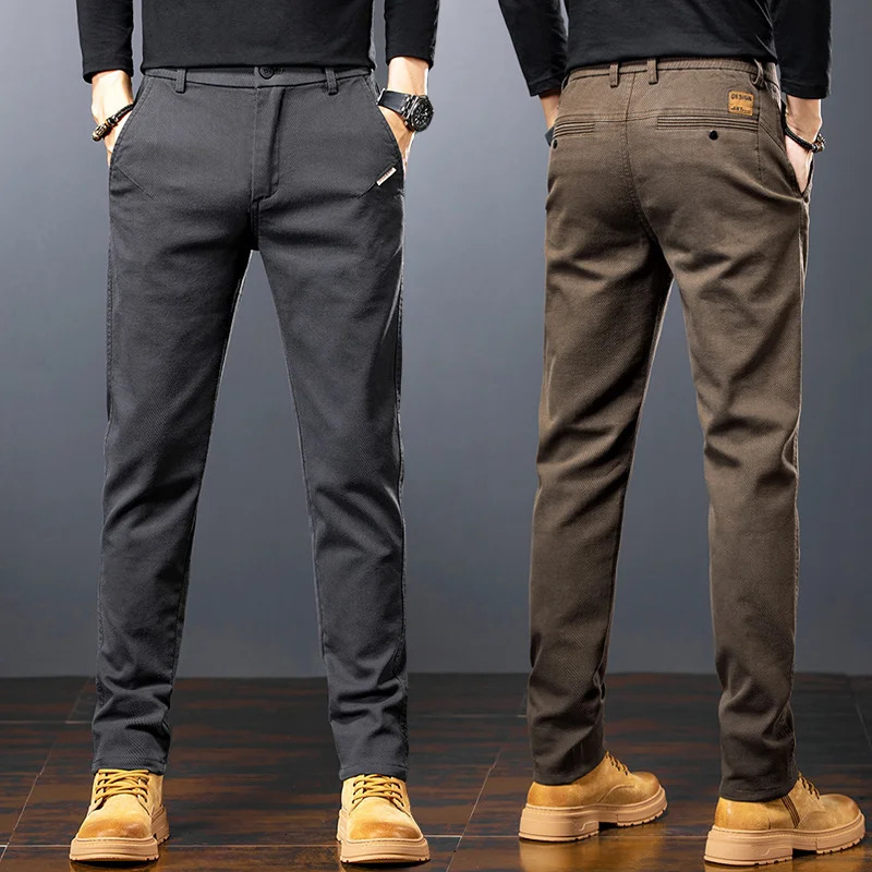 Spring Mens Slim Casual Pants Business Straight Twill Cotton Elastic Trousers Fashion Korean Clothing Coffee Black Gray 261017
