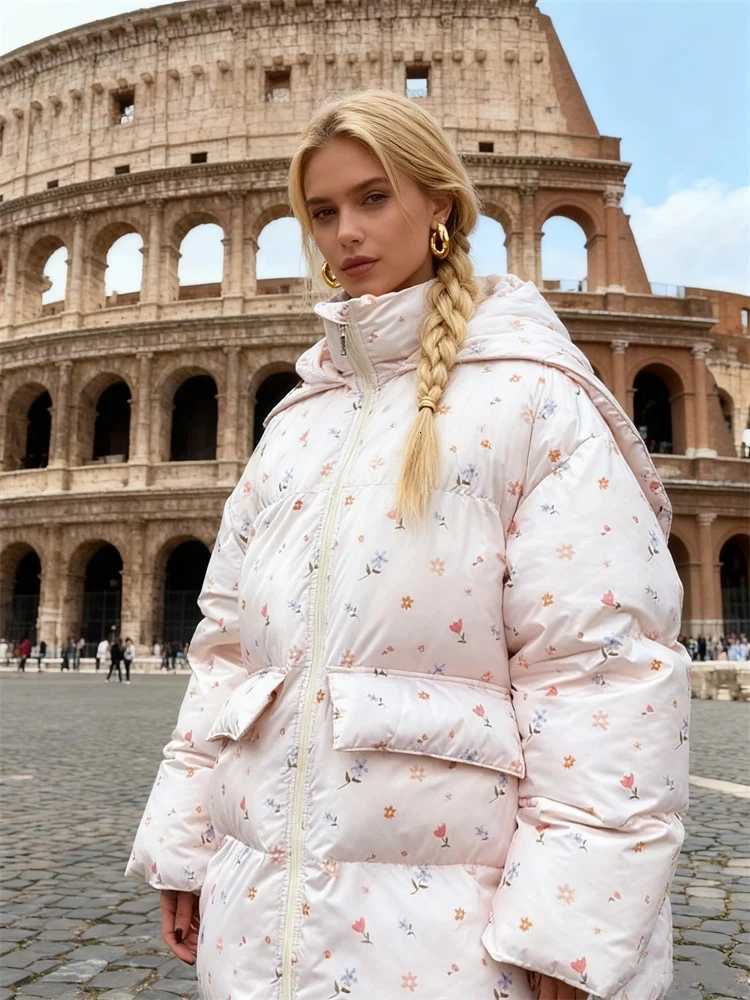 Women's Down Parkas Unique Hooded Women's Winter Jacket Elegant Printed Thicken Pockets Full Sleeve Female Cotton Coat 2025 New Woman Coat
