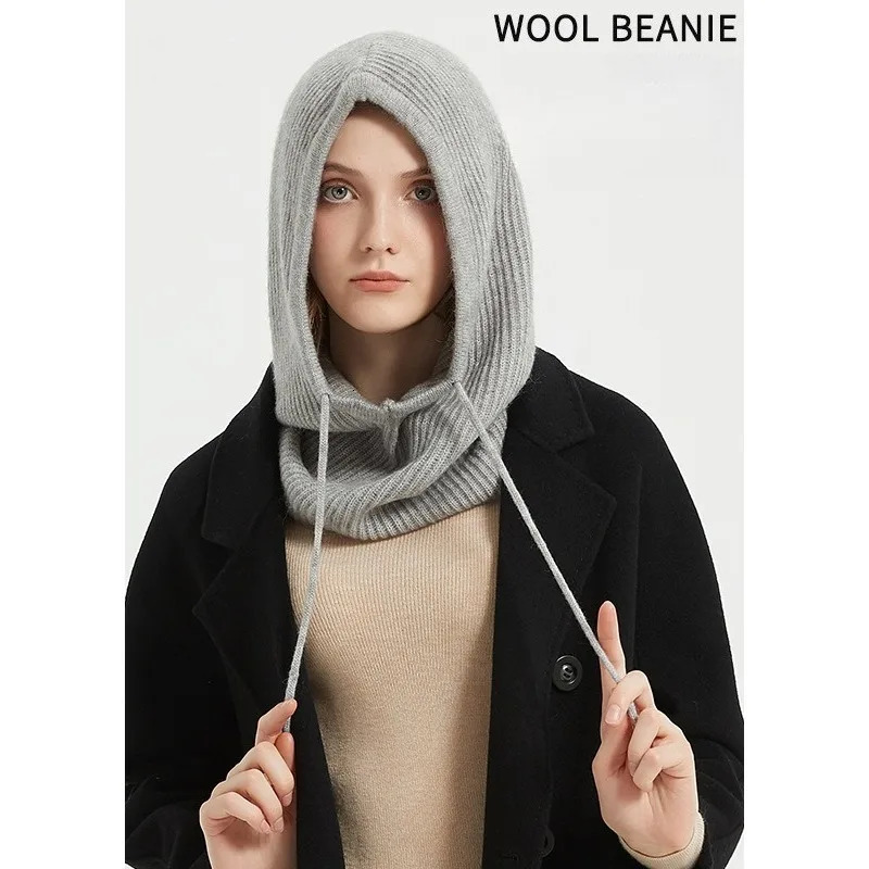 Womens Winter Hat 100%Wool Soft Warm Balaclava Beanies Ear Face Neck Protect DualUse Fashion False Collar Hat Ski Cap 261017