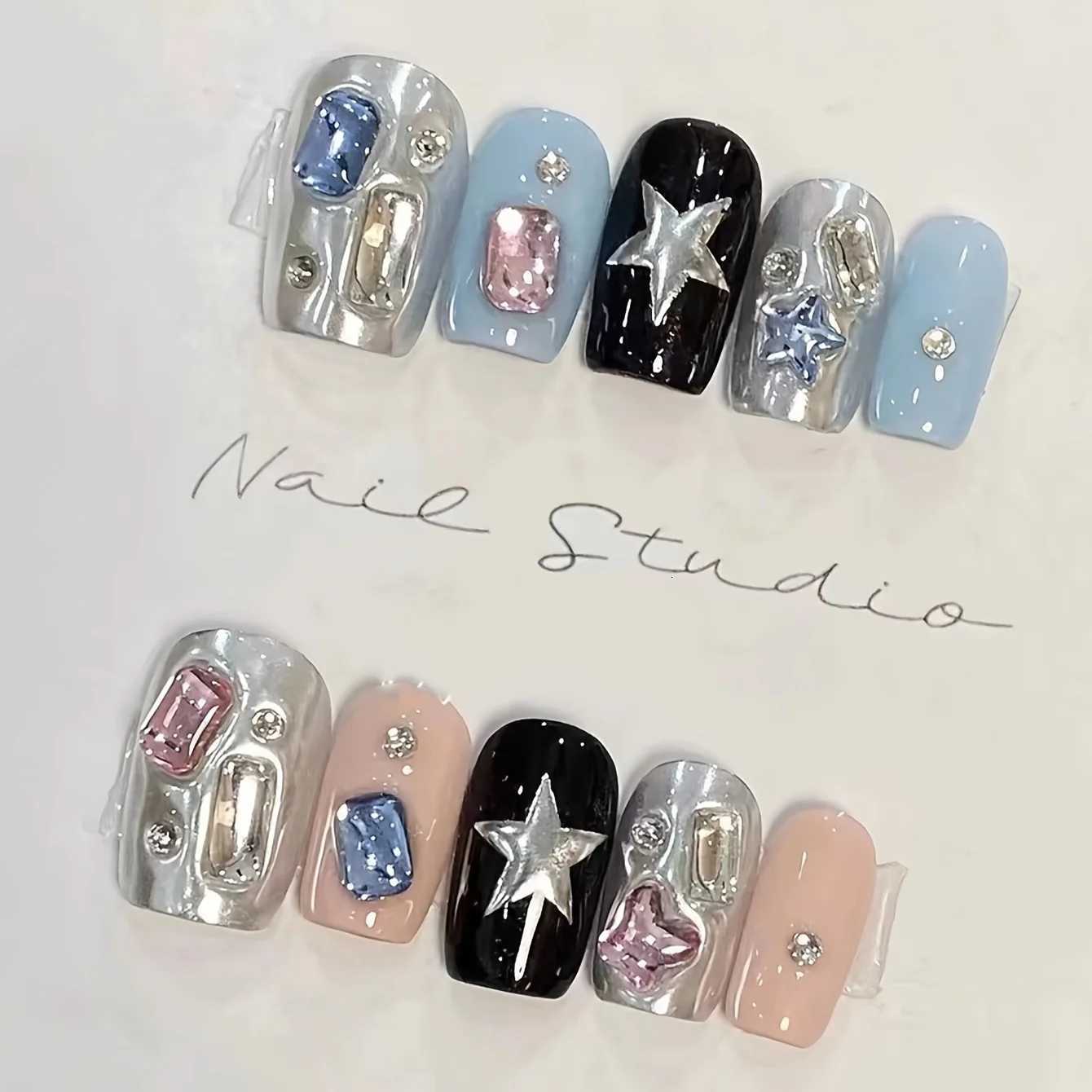 False Nails 10pcs High-end Spice Girl blue pink jump color cute wind handmade fake nails Cute style women's nail patch Q261017