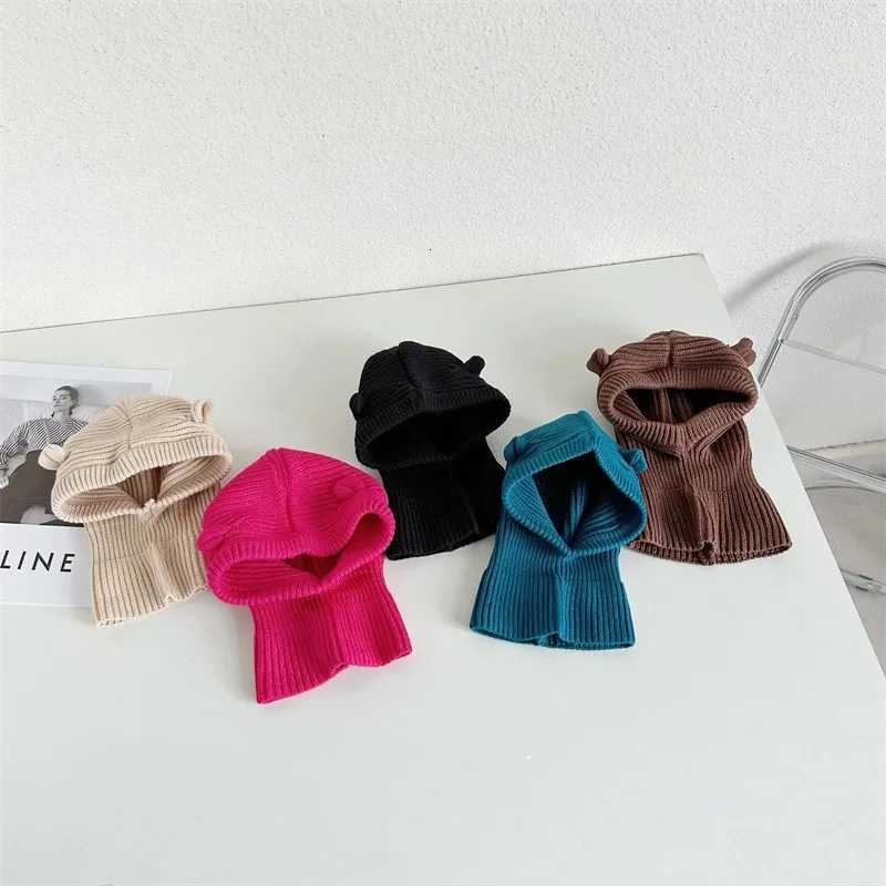 Beanie/Skull Caps Autumn and Winter Baby Knitted Hat Scarf Cute Bear Ears Solid Color Ear Protection Hooded Warm Children's Soft Pullover Wool