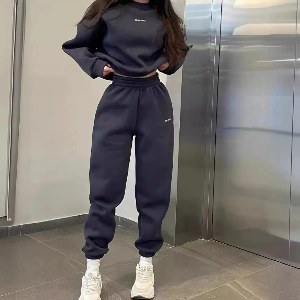 Solid Color Sports Style Long-sleeved Pullover Sweatshirt Trousers 2 Piece Sets Women Outfit 261016
