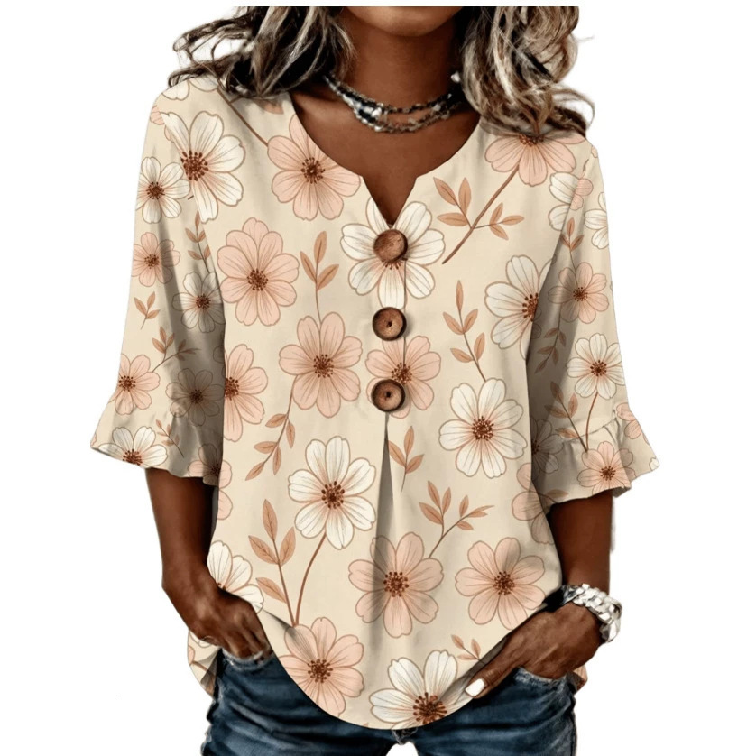 2026 Independent Station New Bohemian Casual Round-Neck Top With Buttons, European American Style, Comfortable And Relaxed Fit, Non-Stretch Free Shi
